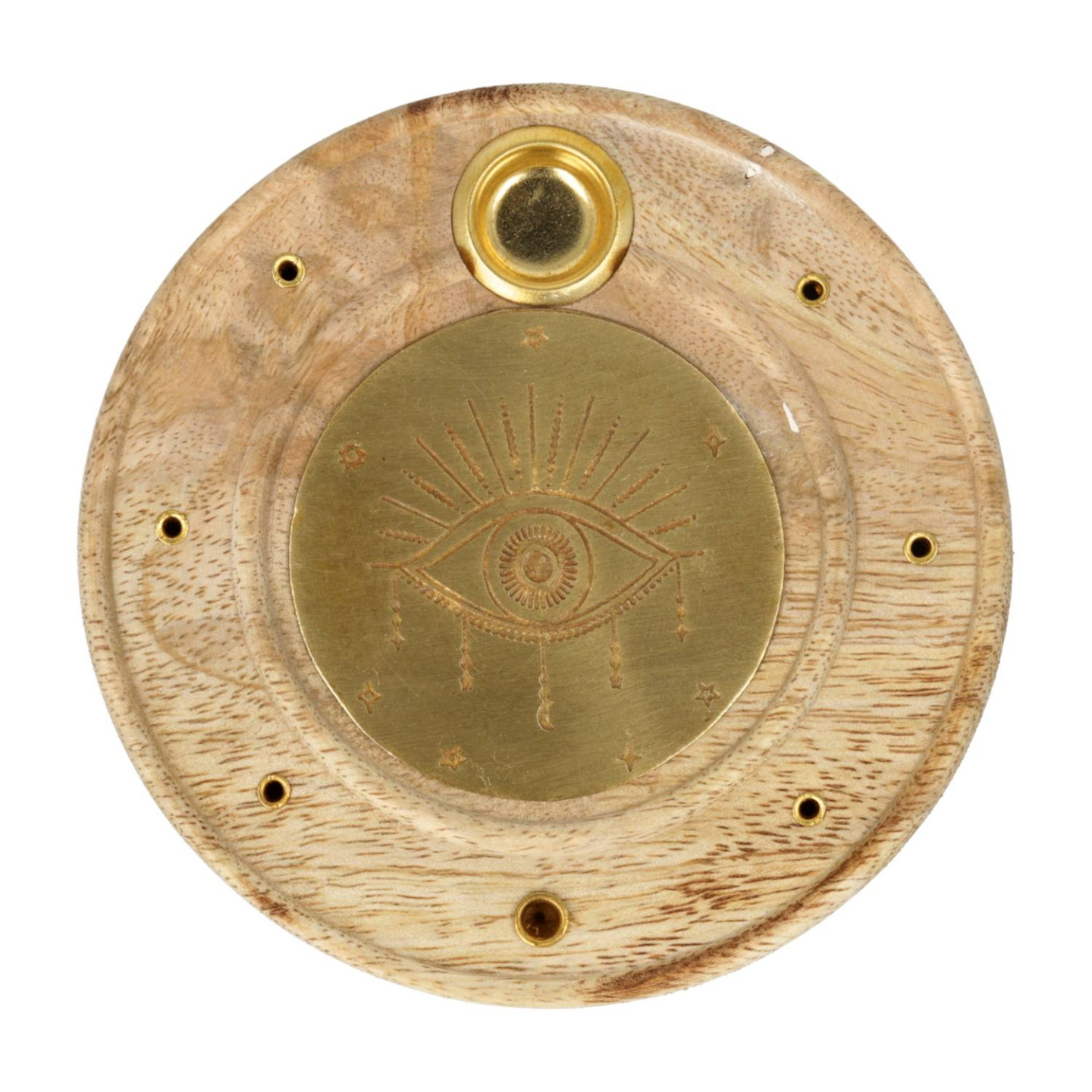 Brûle-encens rond Œil qui voit tout bois de manguier laiton