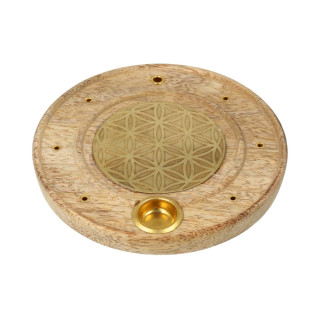 Brûle-encens rond Fleur de Vie bois de manguier laiton