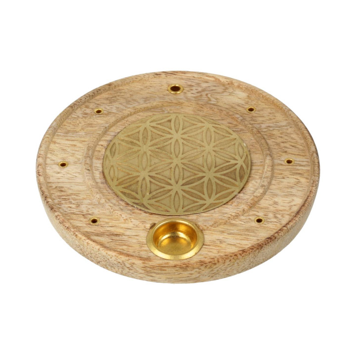 Brûle-encens rond Fleur de Vie bois de manguier laiton