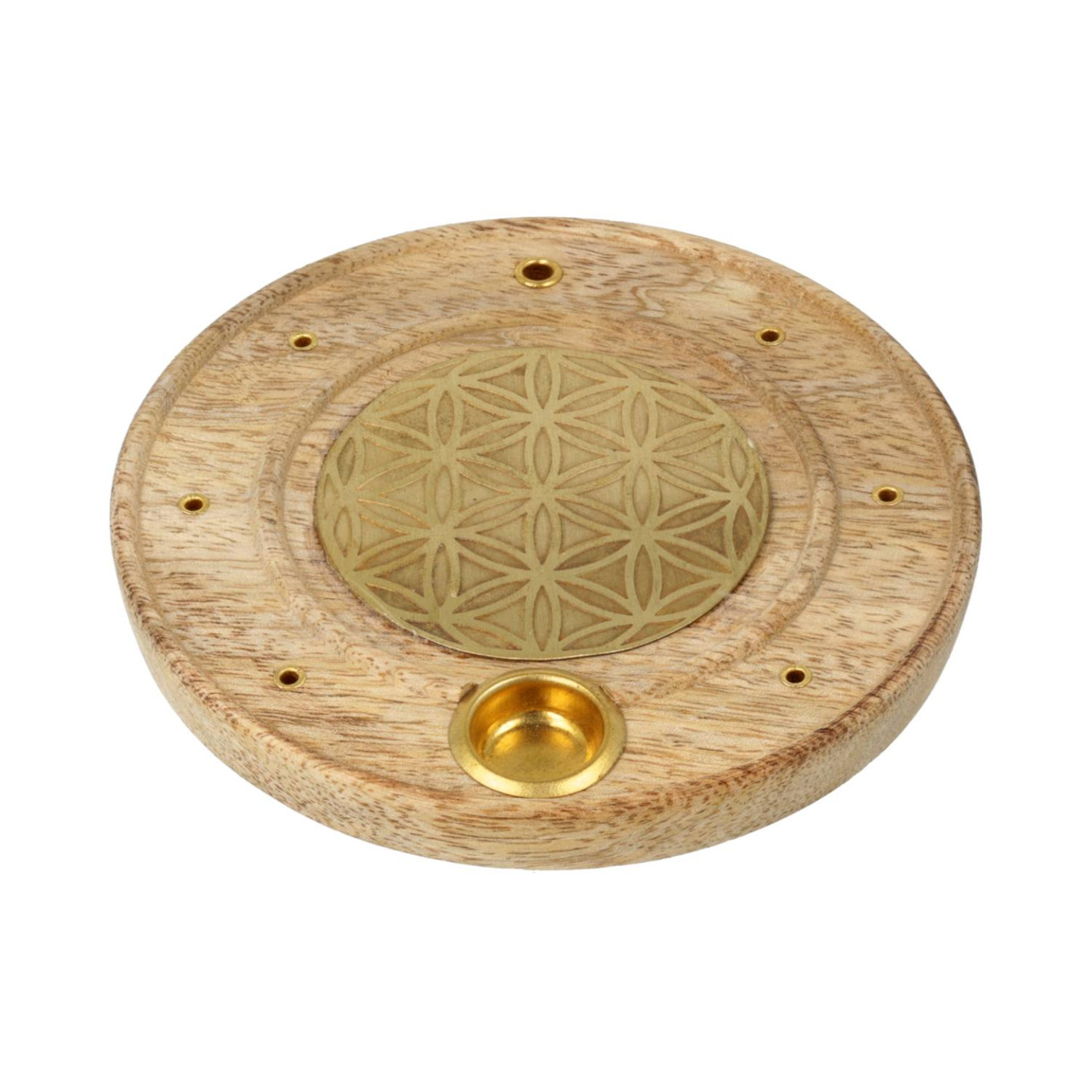 Brûle-encens rond Fleur de Vie bois de manguier laiton