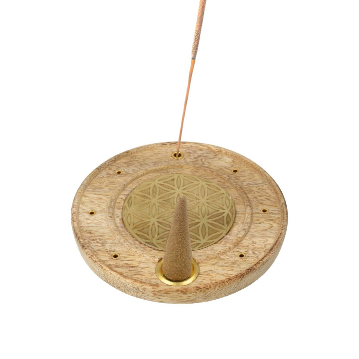Brûle-encens rond Fleur de Vie bois de manguier laiton