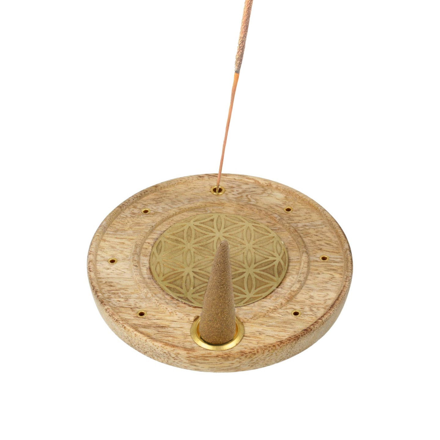 Brûle-encens rond Fleur de Vie bois de manguier laiton