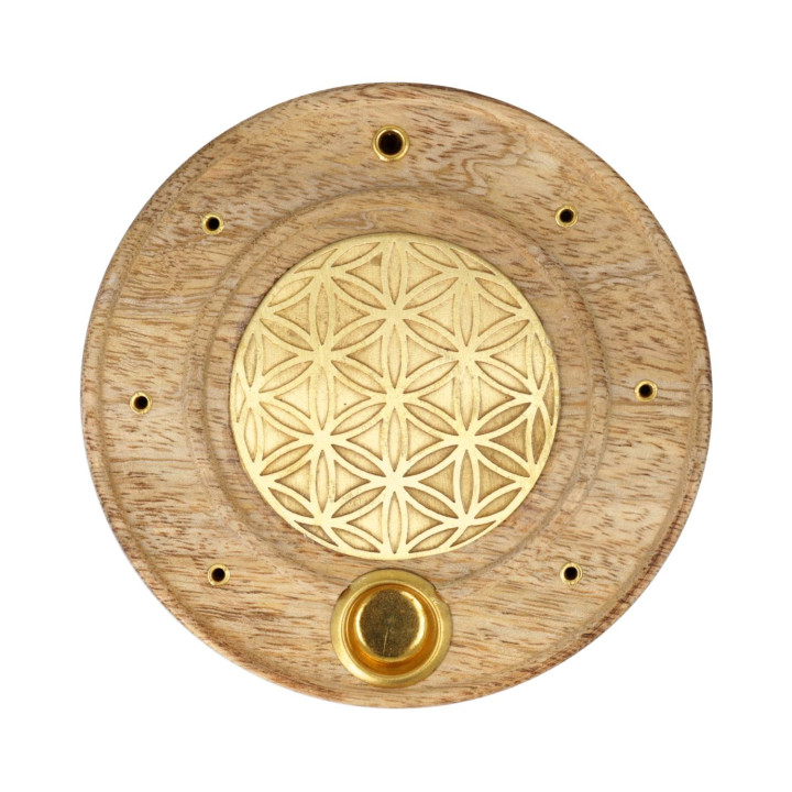 Brûle-encens rond Fleur de Vie bois de manguier laiton