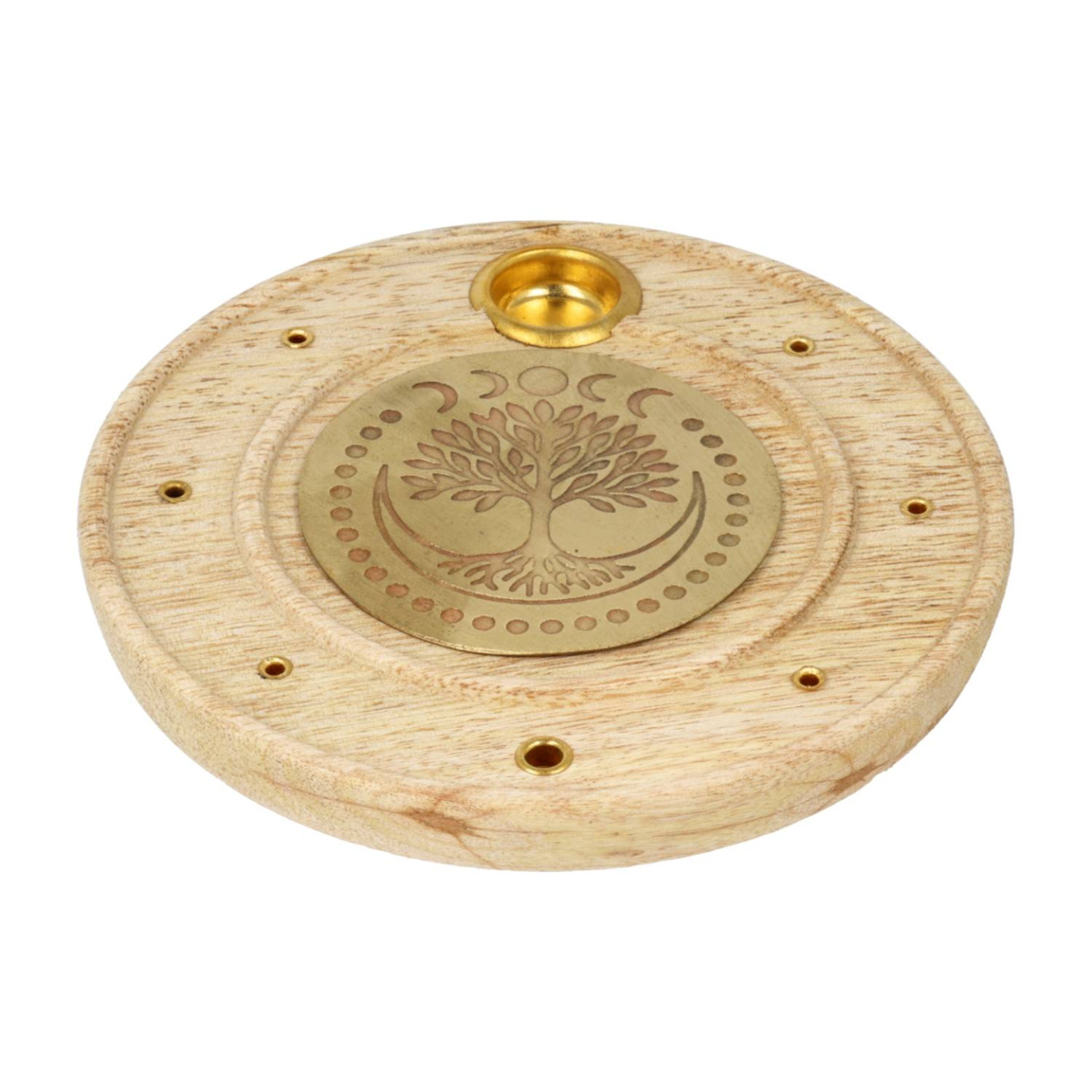 Brûle-encens rond Arbre de Vie bois de manguier laiton