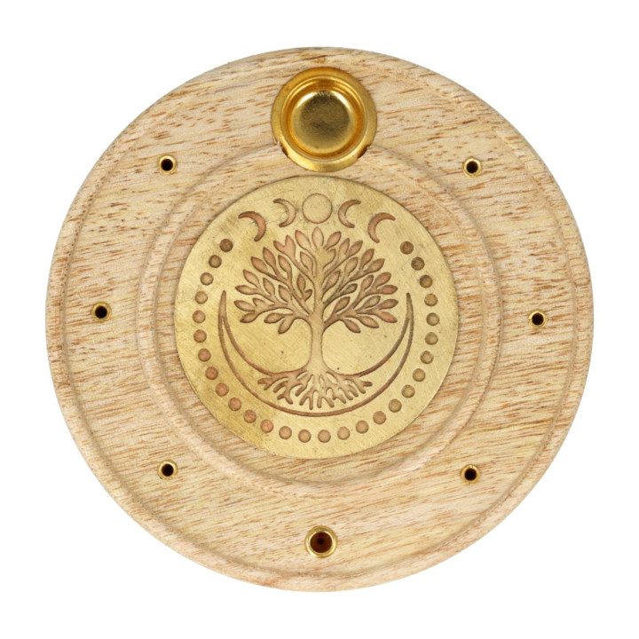 Brûle-encens rond Arbre de Vie bois de manguier laiton