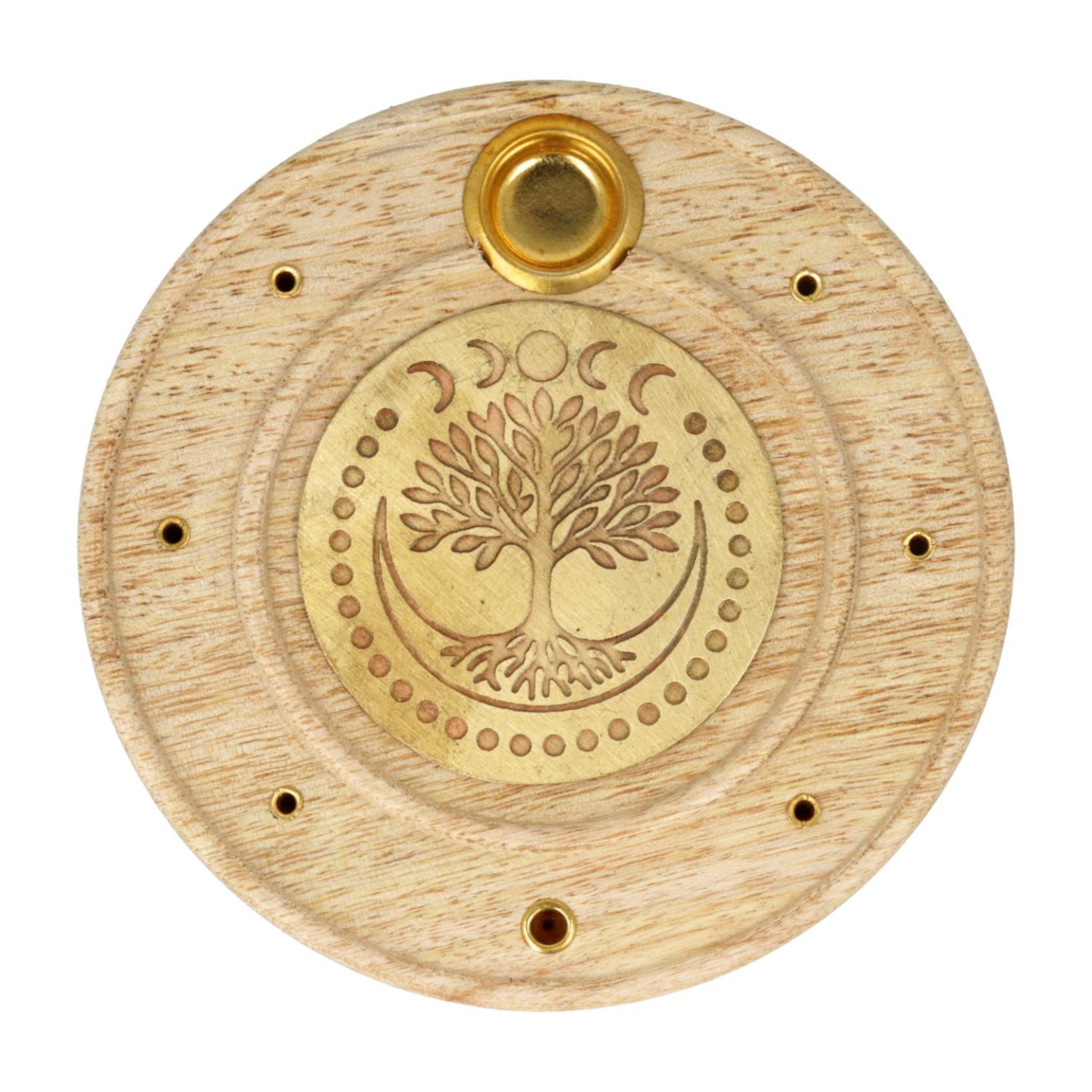 Brûle-encens rond Arbre de Vie bois de manguier laiton
