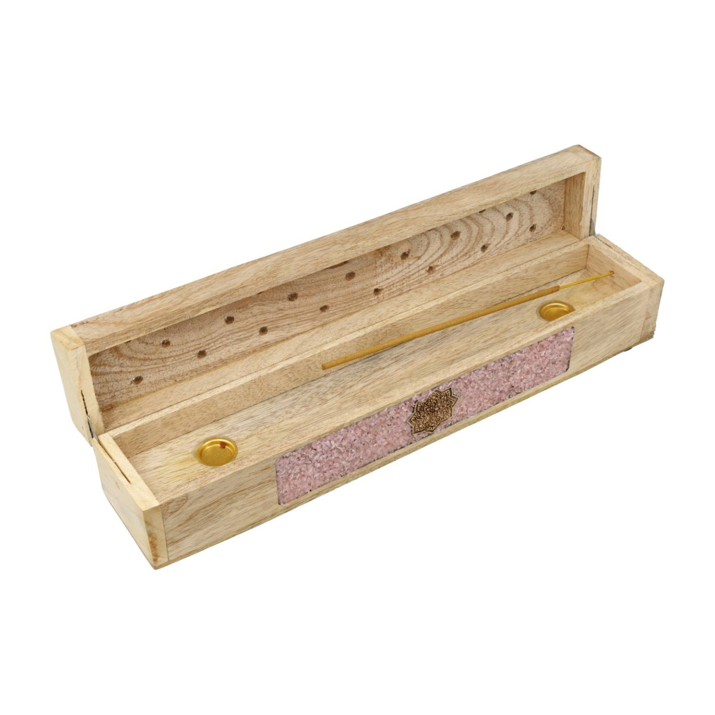Brûle-encens et boîte de rangement Mandala quartz rose bois de manguier