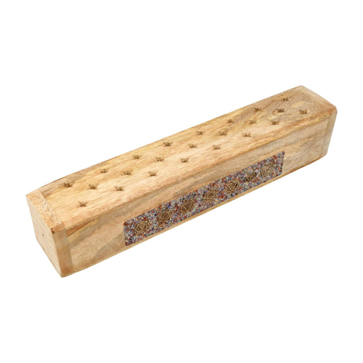 Brûle-encens et boîte de rangement 7 chakras pierre fine bois de manguier