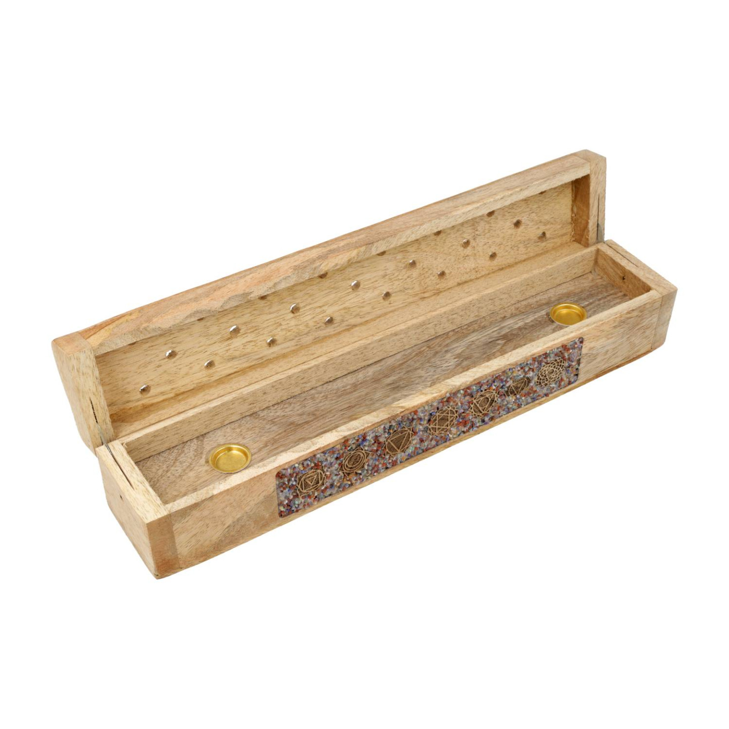 Brûle-encens et boîte de rangement 7 chakras pierre fine bois de manguier