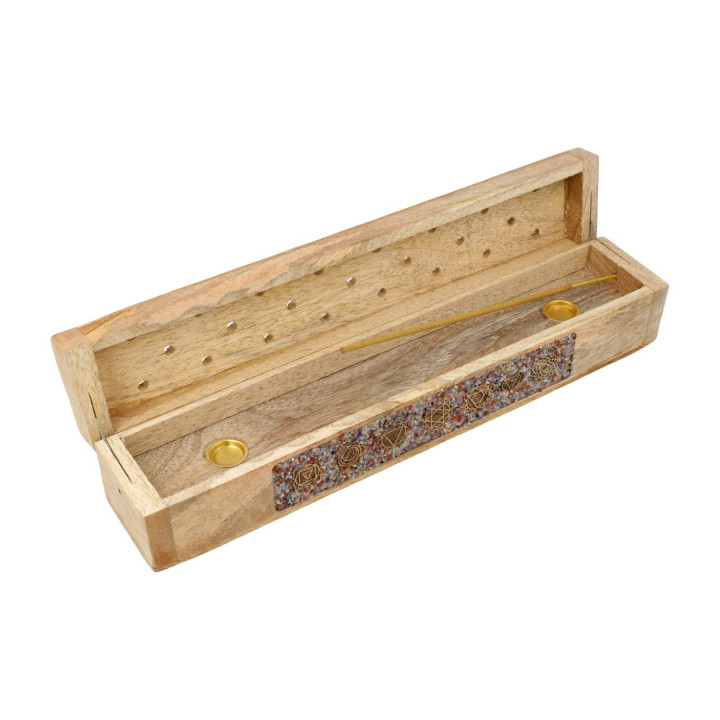 Brûle-encens et boîte de rangement 7 chakras pierre fine bois de manguier