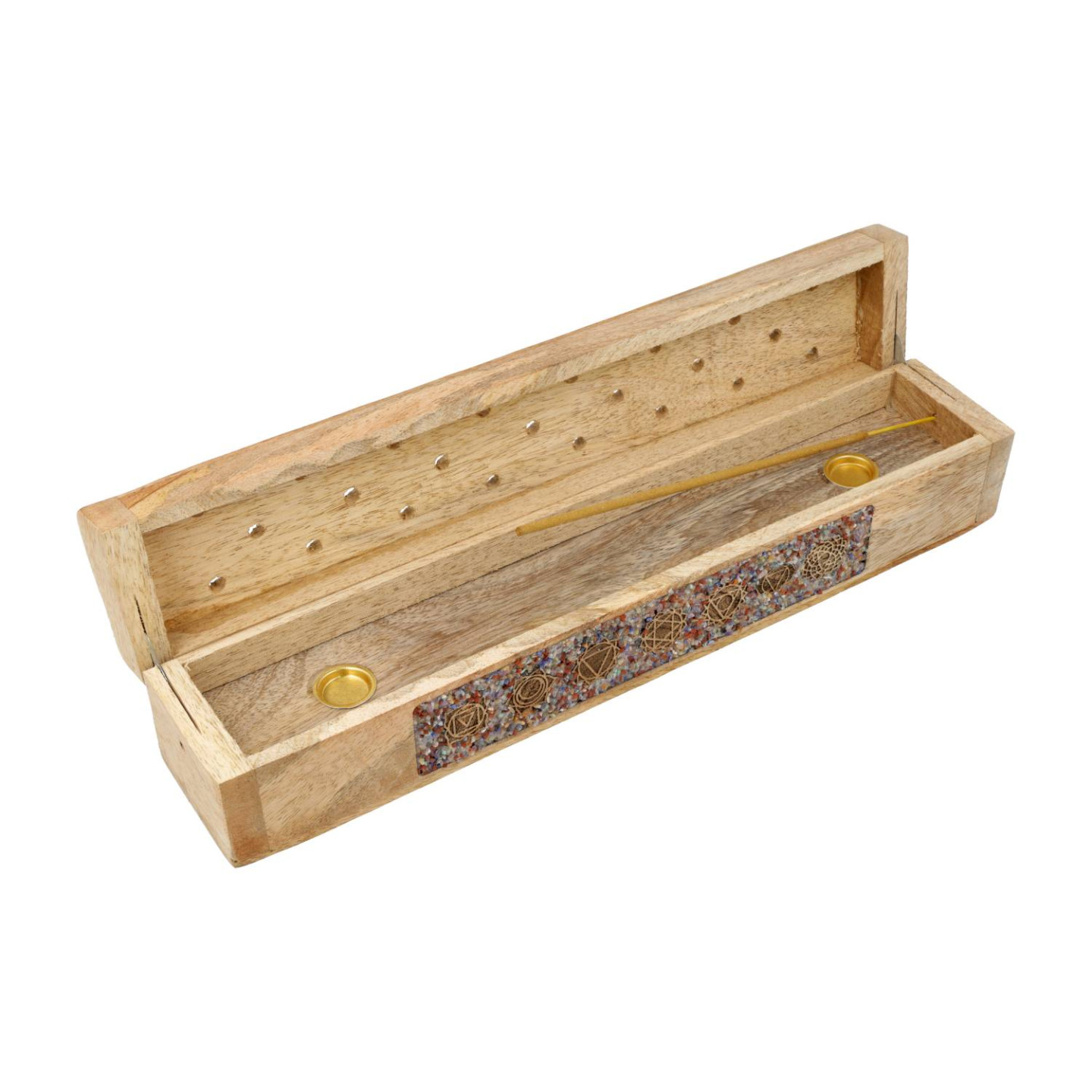 Brûle-encens et boîte de rangement 7 chakras pierre fine bois de manguier