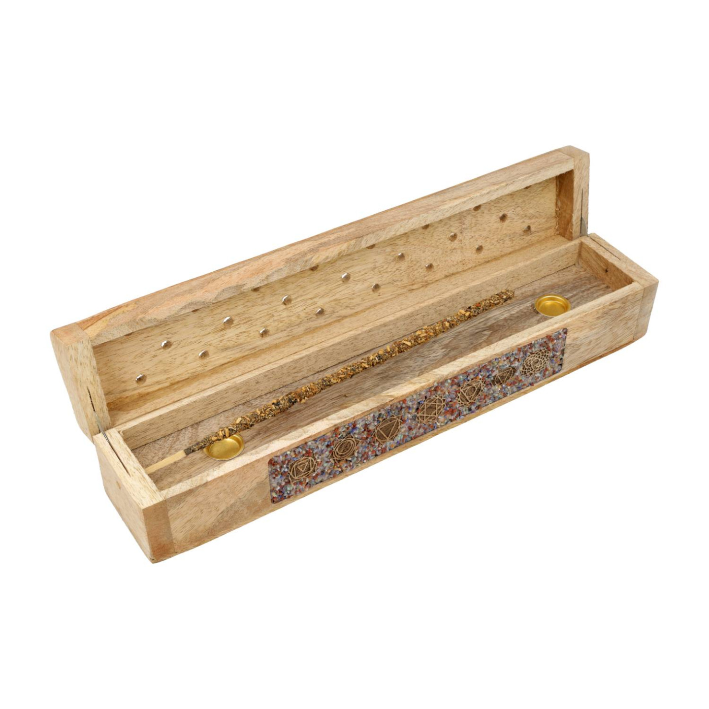 Brûle-encens et boîte de rangement 7 chakras pierre fine bois de manguier