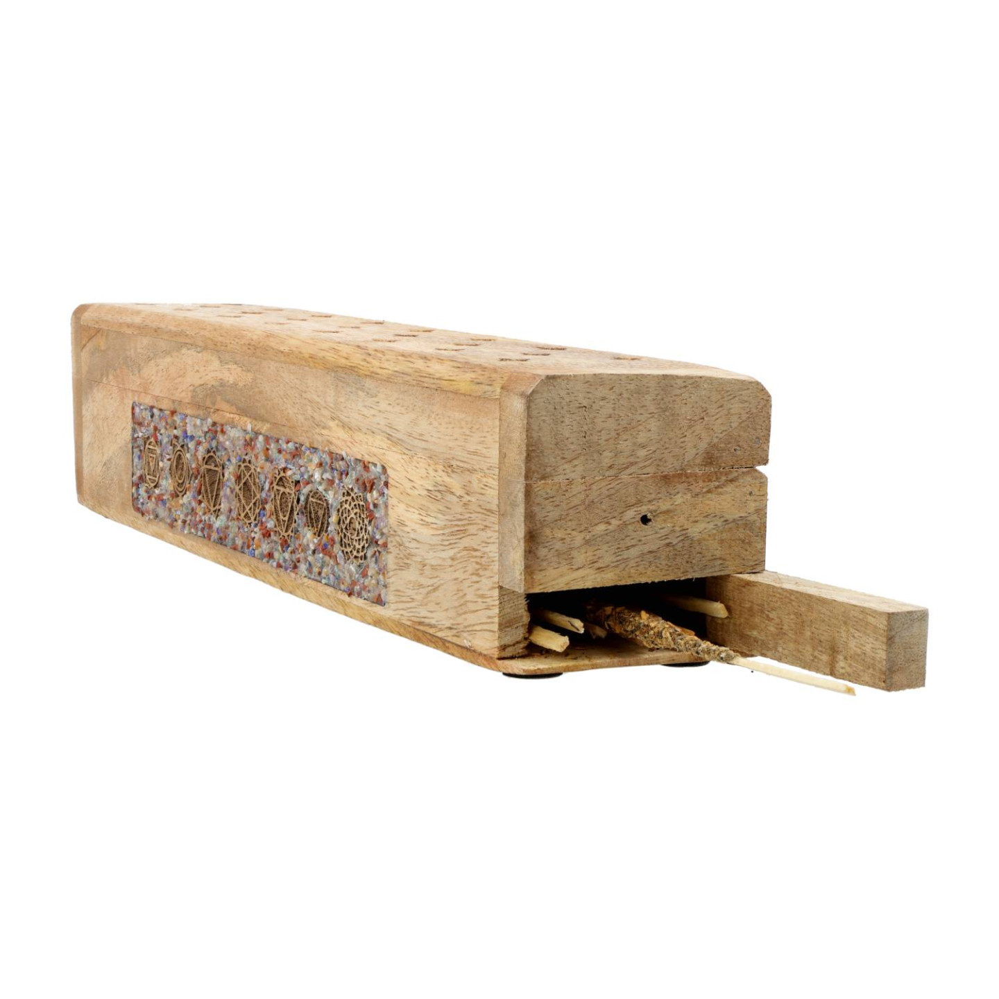 Brûle-encens et boîte de rangement 7 chakras pierre fine bois de manguier