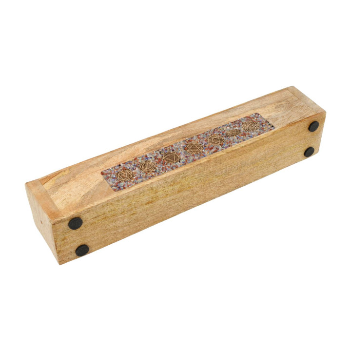 Brûle-encens et boîte de rangement 7 chakras pierre fine bois de manguier