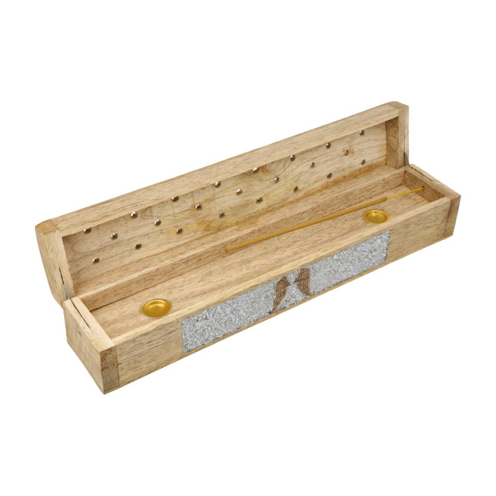 Brûle-encens et boîte de rangement Ailes d'ange angélite bois de manguier