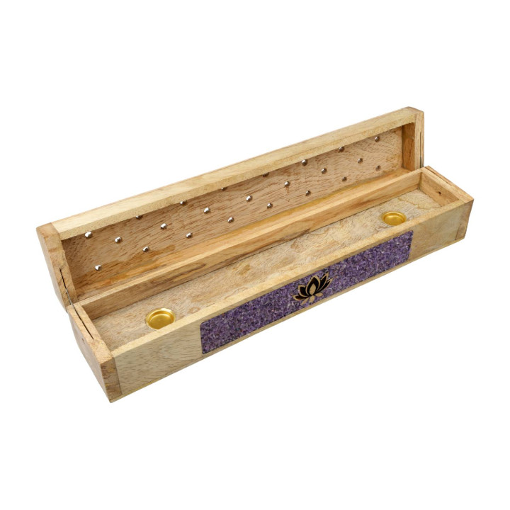 Brûle-encens et boîte de rangement Lotus améthyste bois de manguier