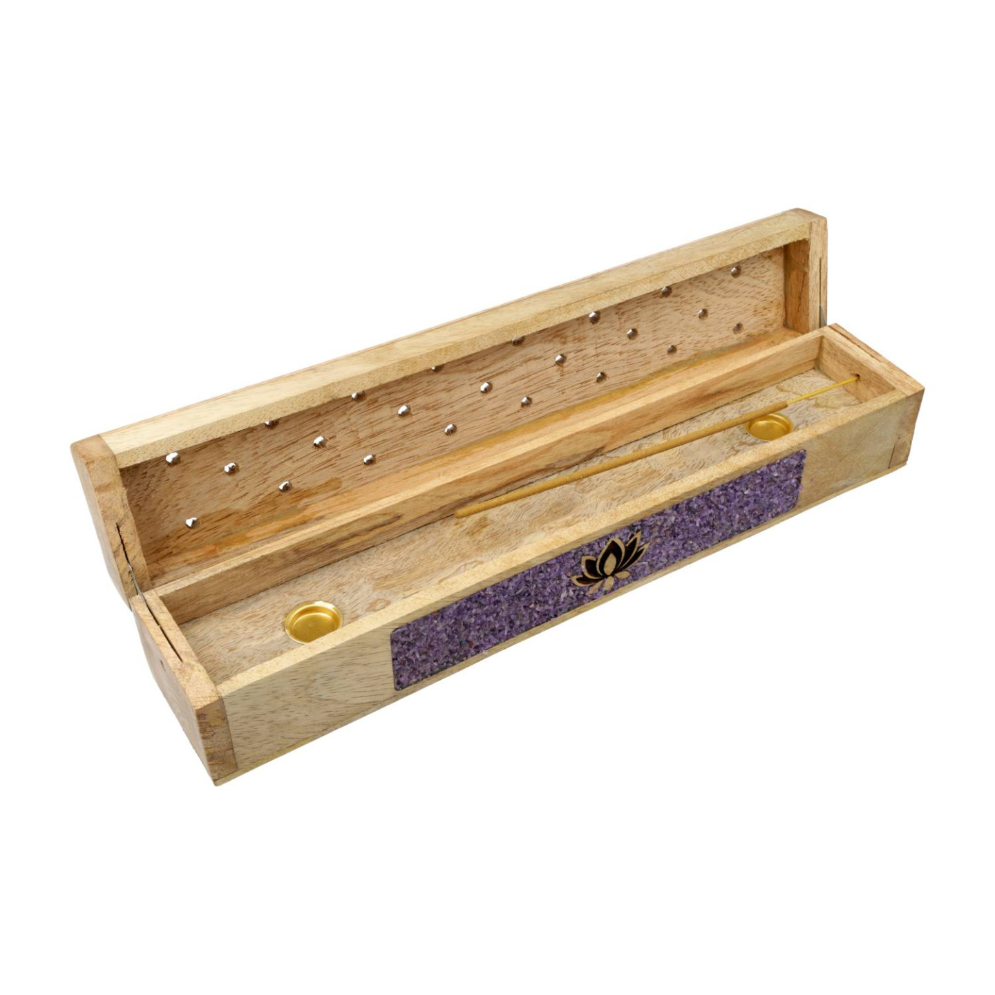 Brûle-encens et boîte de rangement Lotus améthyste bois de manguier