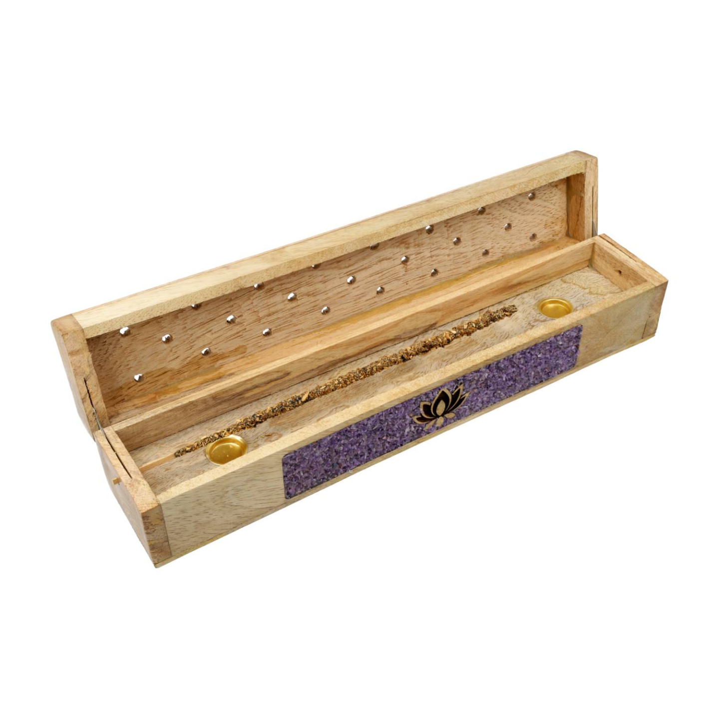 Brûle-encens et boîte de rangement Lotus améthyste bois de manguier