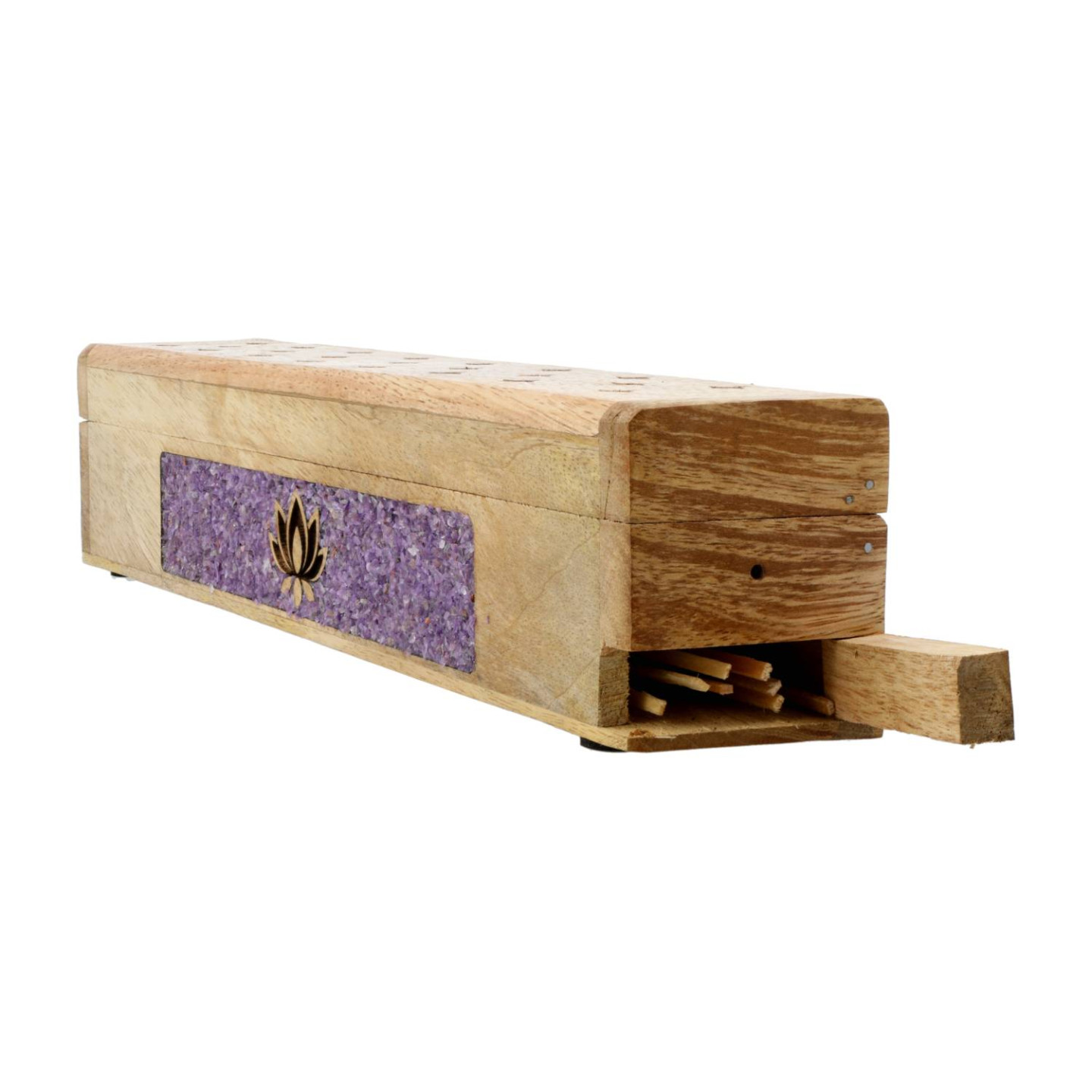 Brûle-encens et boîte de rangement Lotus améthyste bois de manguier