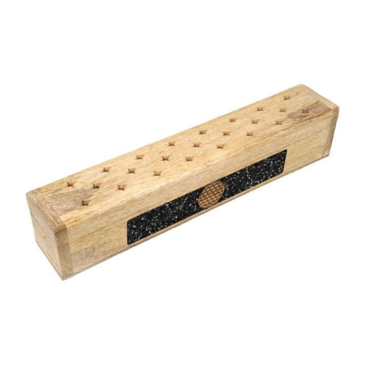 Brûle-encens et boîte de rangement Fleur de vie tourmaline noire bois de manguier