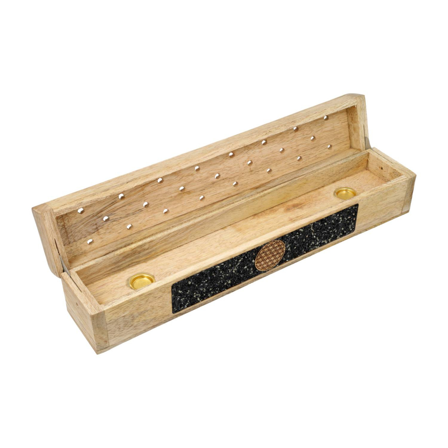 Brûle-encens et boîte de rangement Fleur de vie tourmaline noire bois de manguier