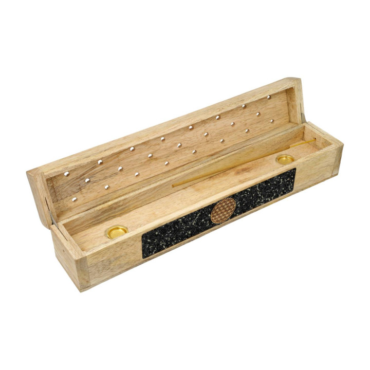 Brûle-encens et boîte de rangement Fleur de vie tourmaline noire bois de manguier