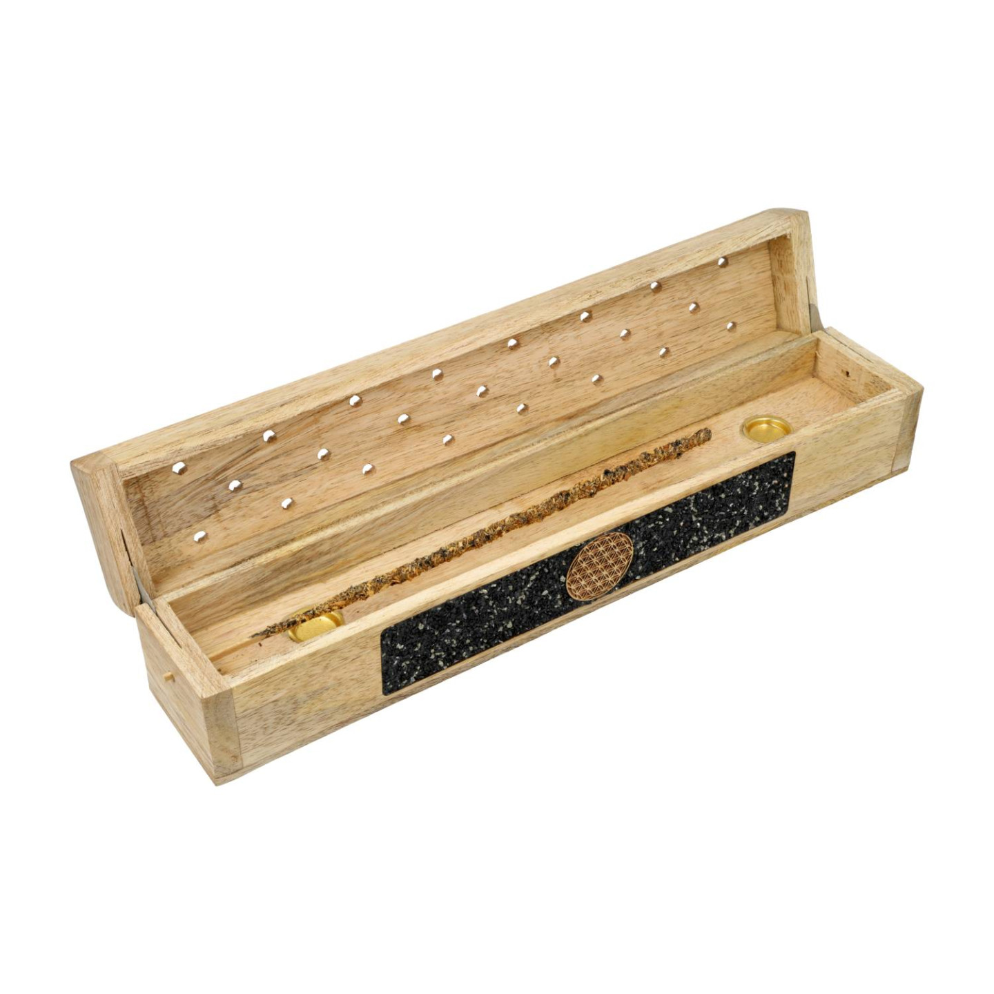 Brûle-encens et boîte de rangement Fleur de vie tourmaline noire bois de manguier