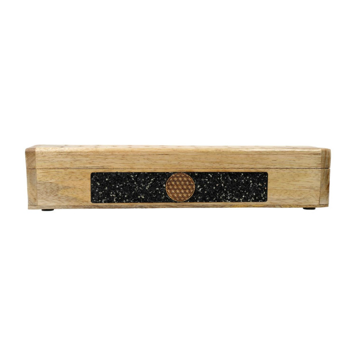Brûle-encens et boîte de rangement Fleur de vie tourmaline noire bois de manguier