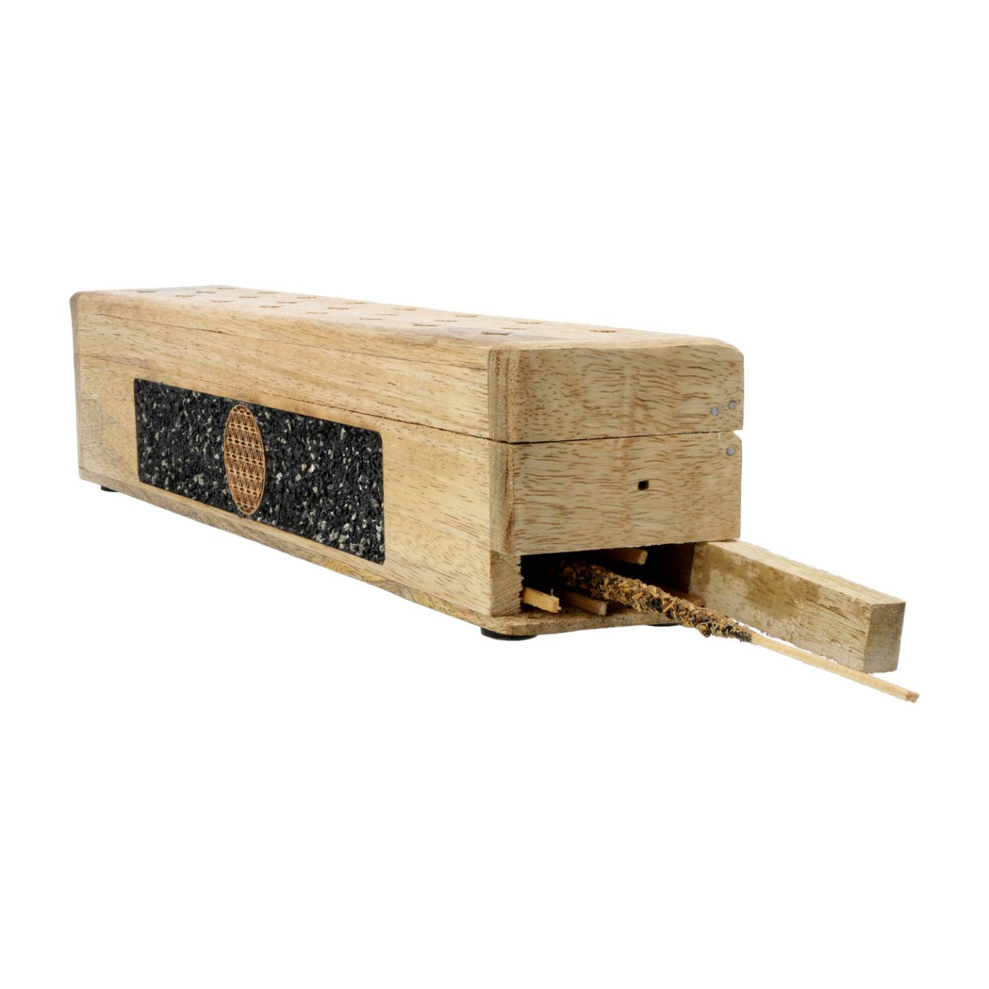 Brûle-encens et boîte de rangement Fleur de vie tourmaline noire bois de manguier