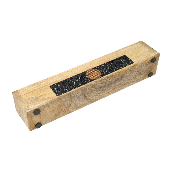 Brûle-encens et boîte de rangement Fleur de vie tourmaline noire bois de manguier