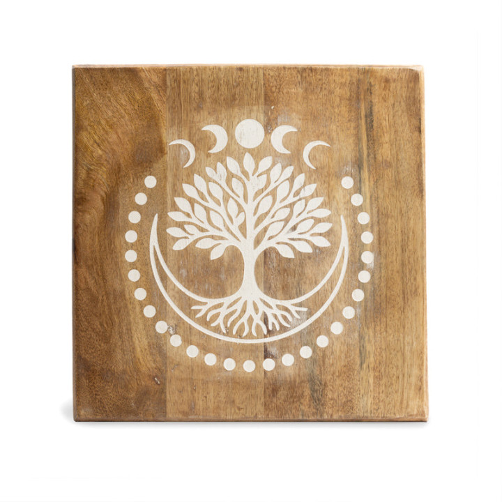 Table d'autel imprimé Arbre de Vie bois de manguier whitewash