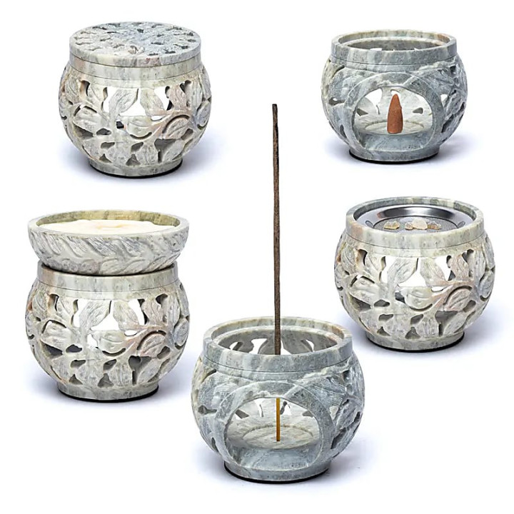 Brûleur multi-usages en stéatite marbrée motif floral | Pieralune