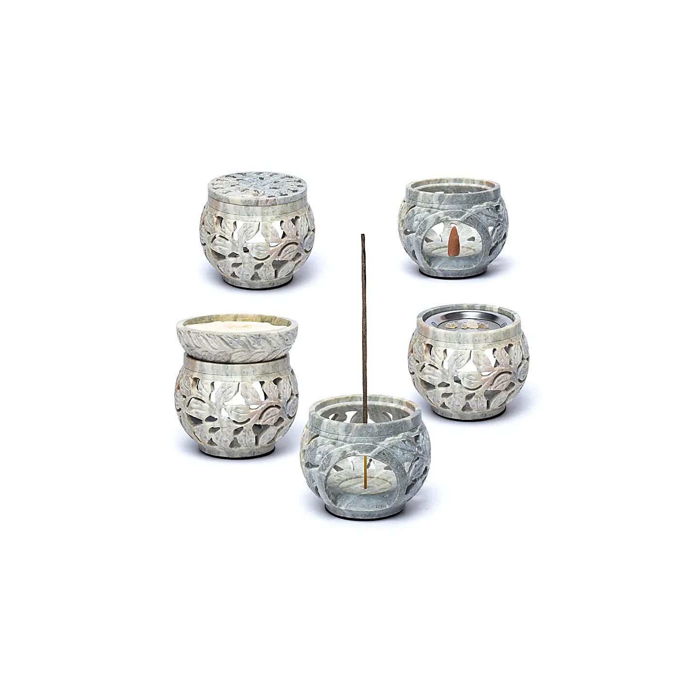 Brûleur multi-usages en stéatite marbrée motif floral | Pieralune