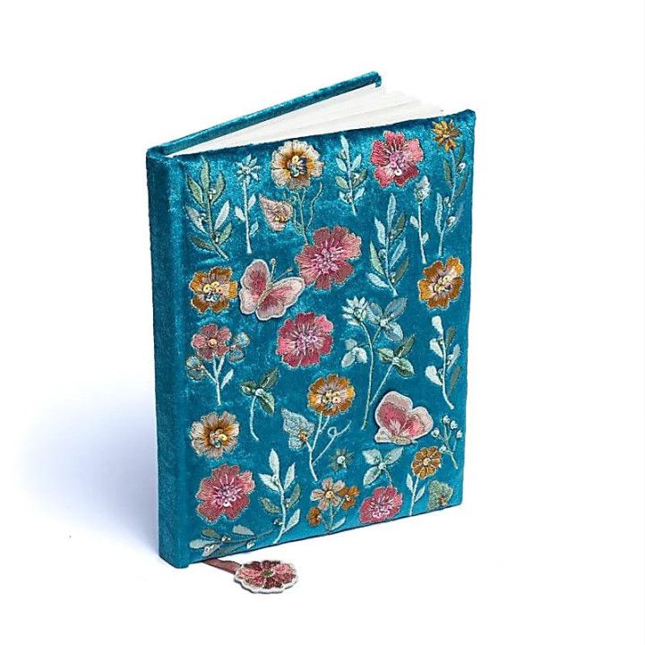Carnet de notes velours bleu à fleurs | Pieralune