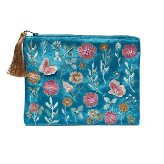 Pochette zippée en velours bleu à fleurs | Pieralune
