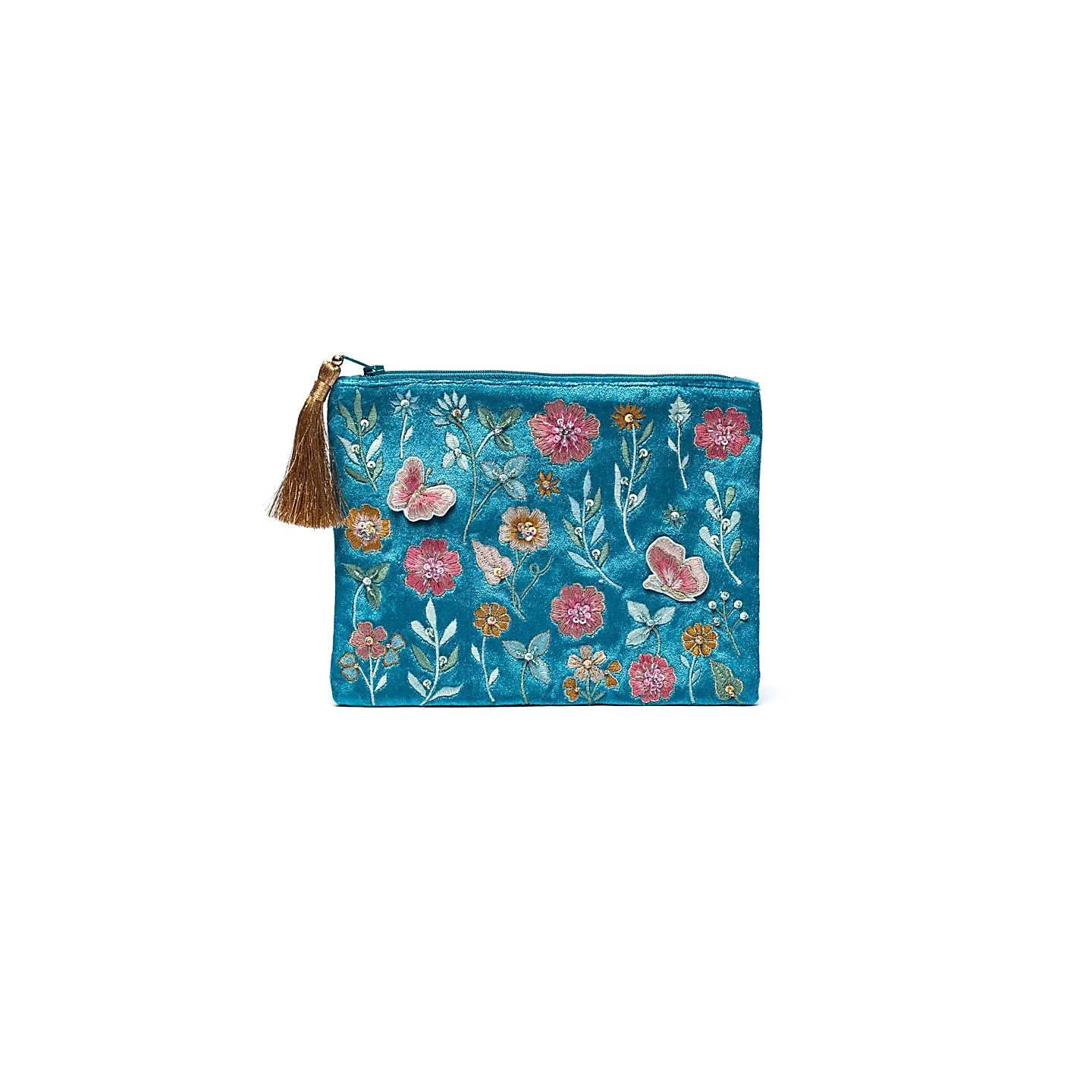 Pochette zippée en velours bleu à fleurs | Pieralune