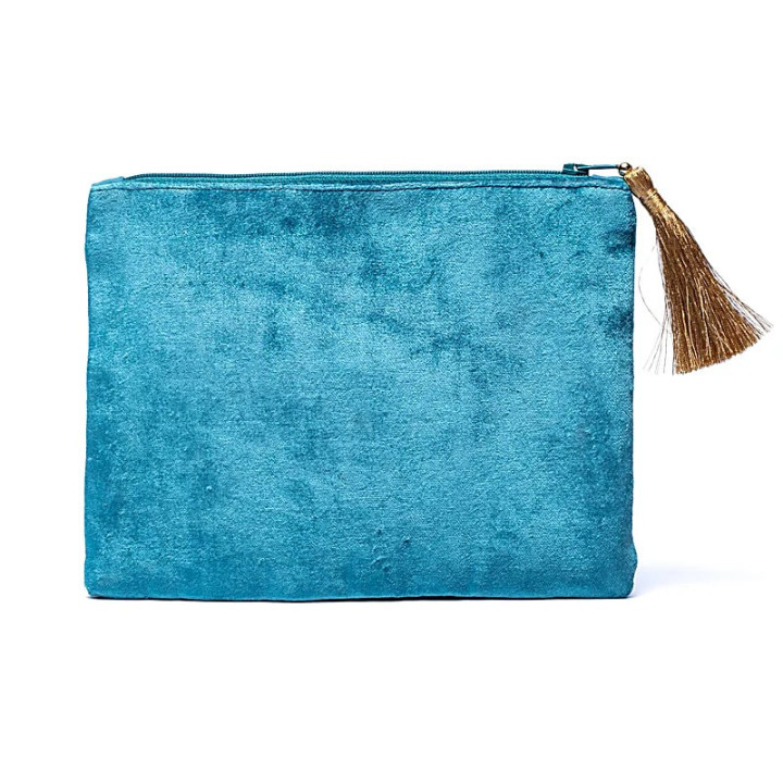 Pochette zippée en velours bleu à fleurs | Pieralune