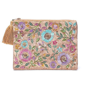 Pochette zippée en velours beige à fleurs | Pieralune