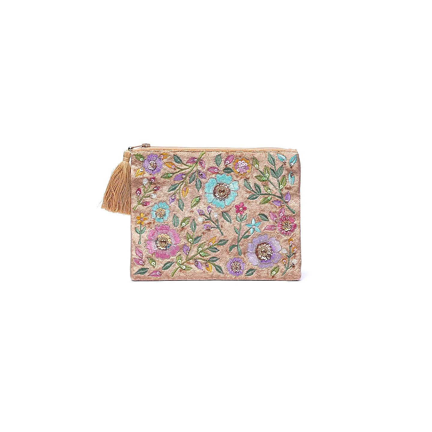 Pochette zippée en velours beige à fleurs | Pieralune