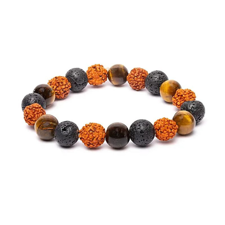 Bracelet en rudraksha, œil de tigre et pierre de lave | Pieralune