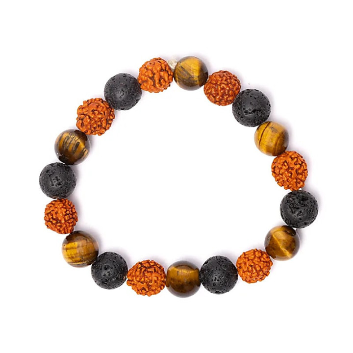 Bracelet en rudraksha, œil de tigre et pierre de lave | Pieralune