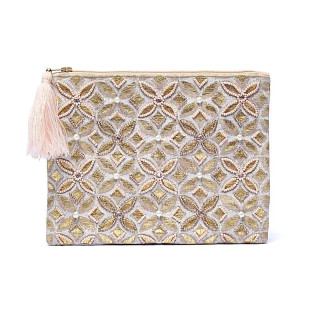 Pochette zippée en velours beige/or avec Fleur de vie | Pieralune