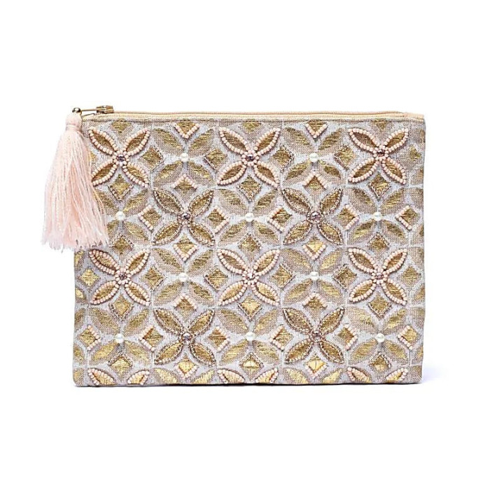 Pochette zippée en velours beige/or avec Fleur de vie | Pieralune