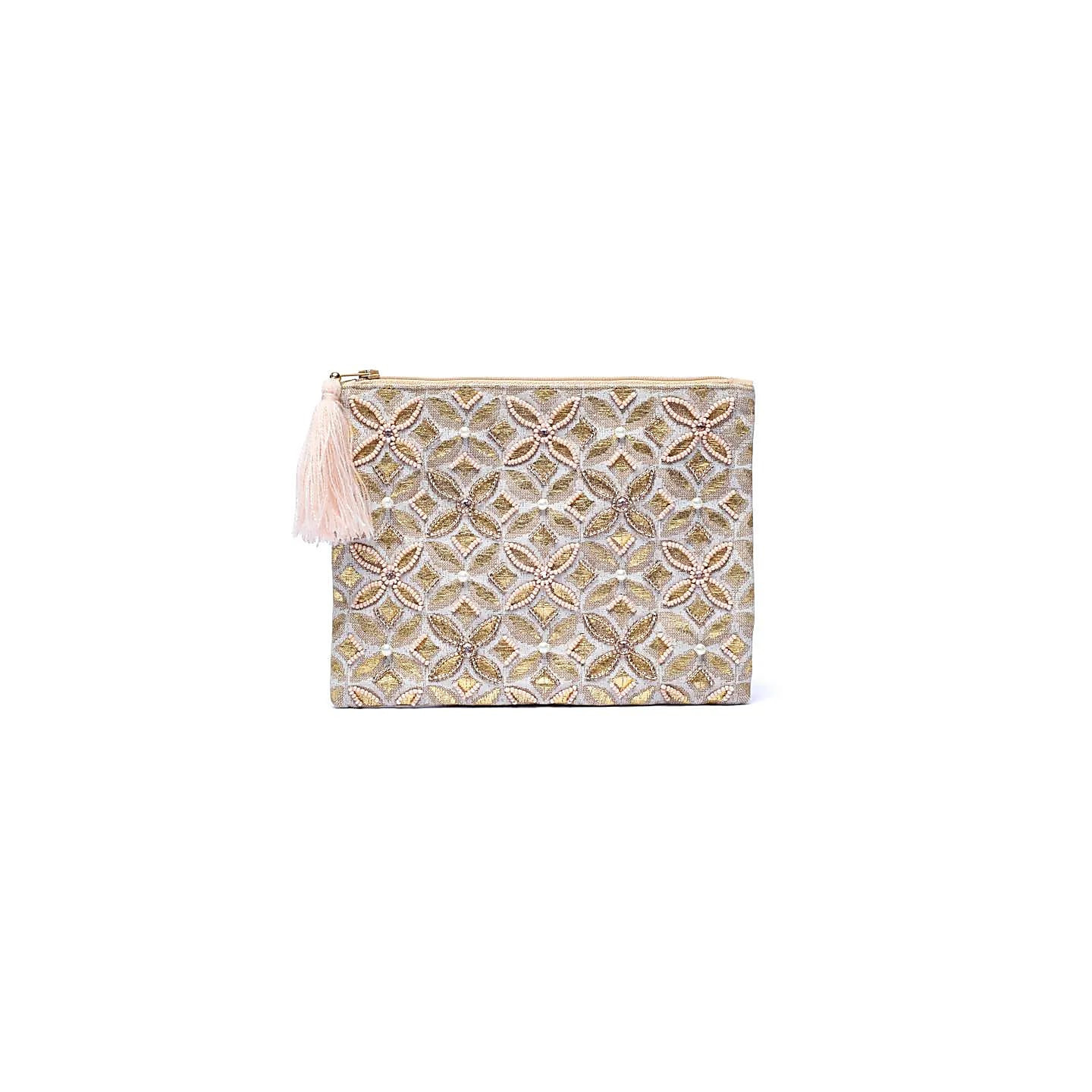 Pochette zippée en velours beige/or avec Fleur de vie | Pieralune
