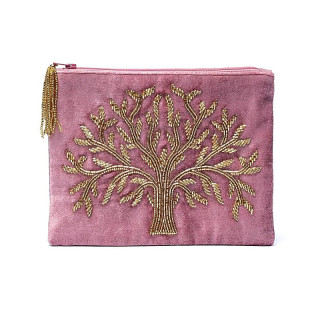 Pochette zippée en velours Rose avec Arbre de vie | Pieralune