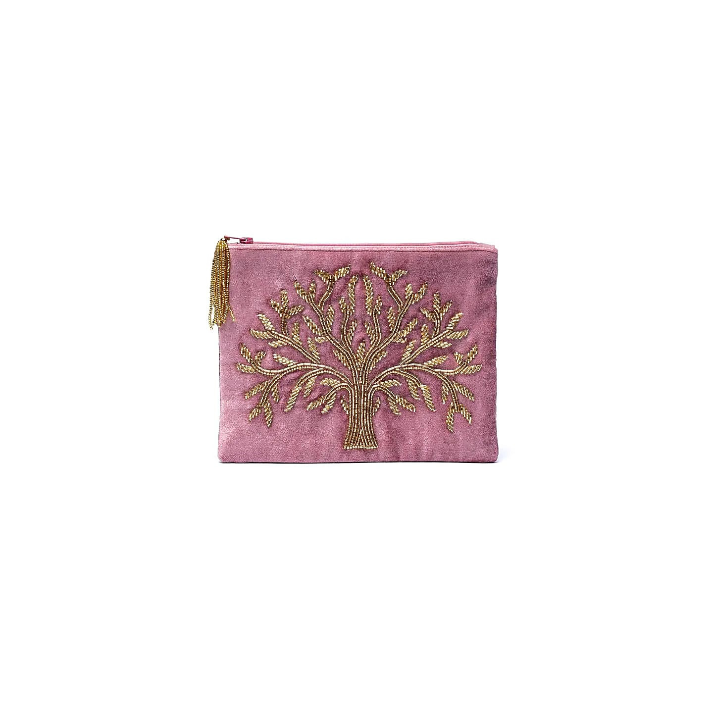 Pochette zippée en velours Rose avec Arbre de vie | Pieralune