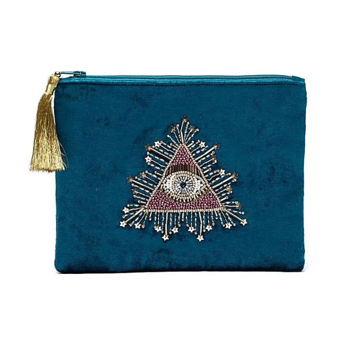 Pochette zippée en velours pétrole avec Oeil des tarots | Pieralune