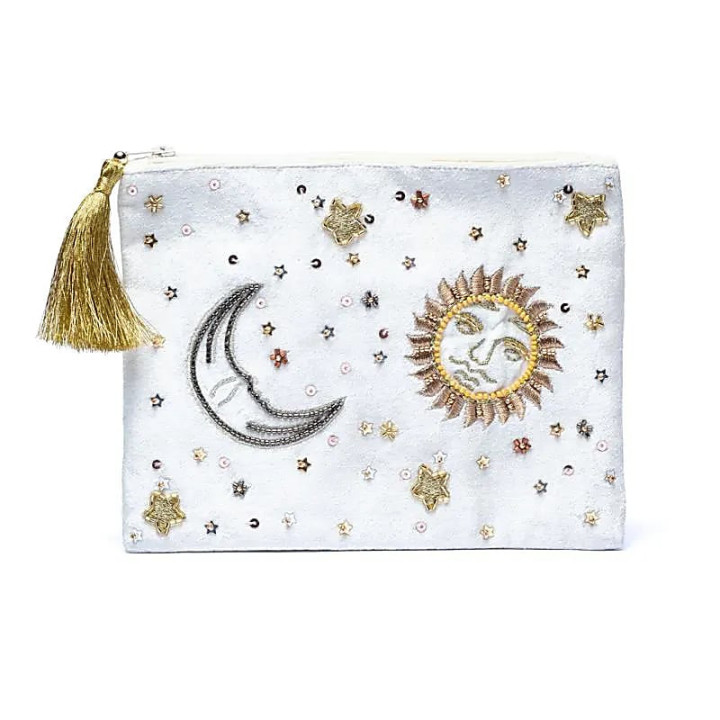 Pochette zippée en velours Blanc avec Soleil et Lune | Pieralune