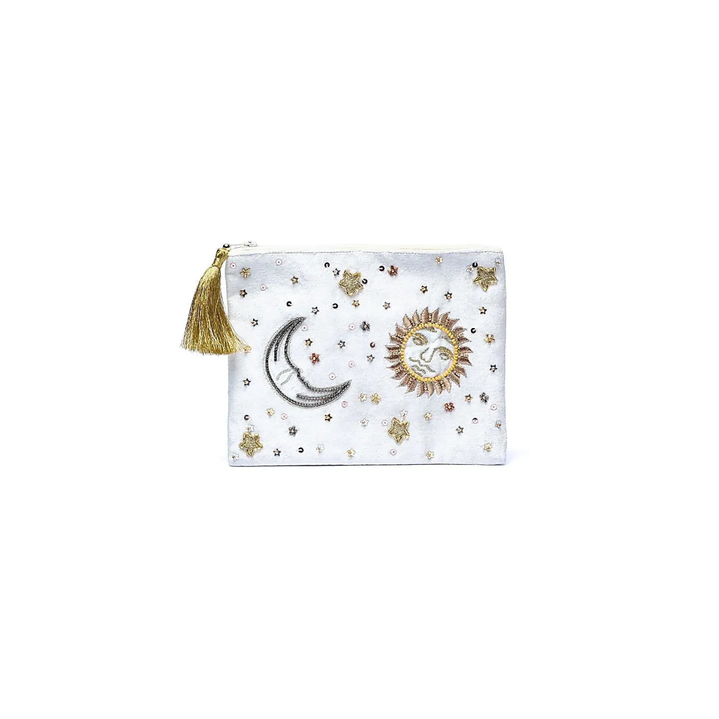 Pochette zippée en velours Blanc avec Soleil et Lune | Pieralune