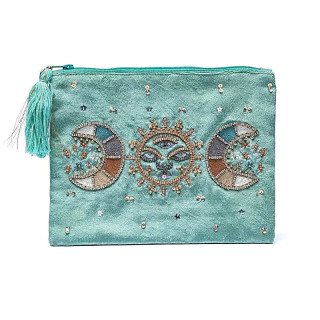 Pochette zippée en velours Menthe avec phases lunaires | Pieralune